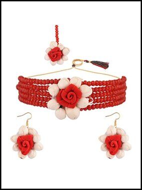 Handmade Floral Beaded Faux Pearl Choker Necklace Earrings Maang Tika Jewelry